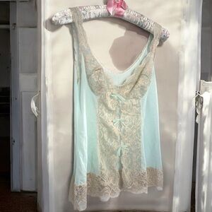 Vintage baby blue and cream Lace Trim cami sheer fairy core coquette lace up 34